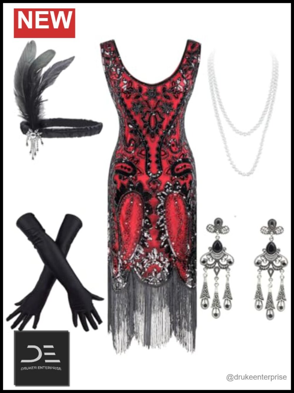 1920s Sequin Beaded Tassel Flapper Dress with Accessories Set